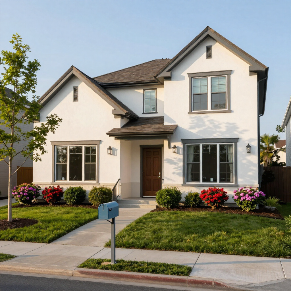Modern two-story white house with a brown roof, front lawn, and a sidewalk mailbox
