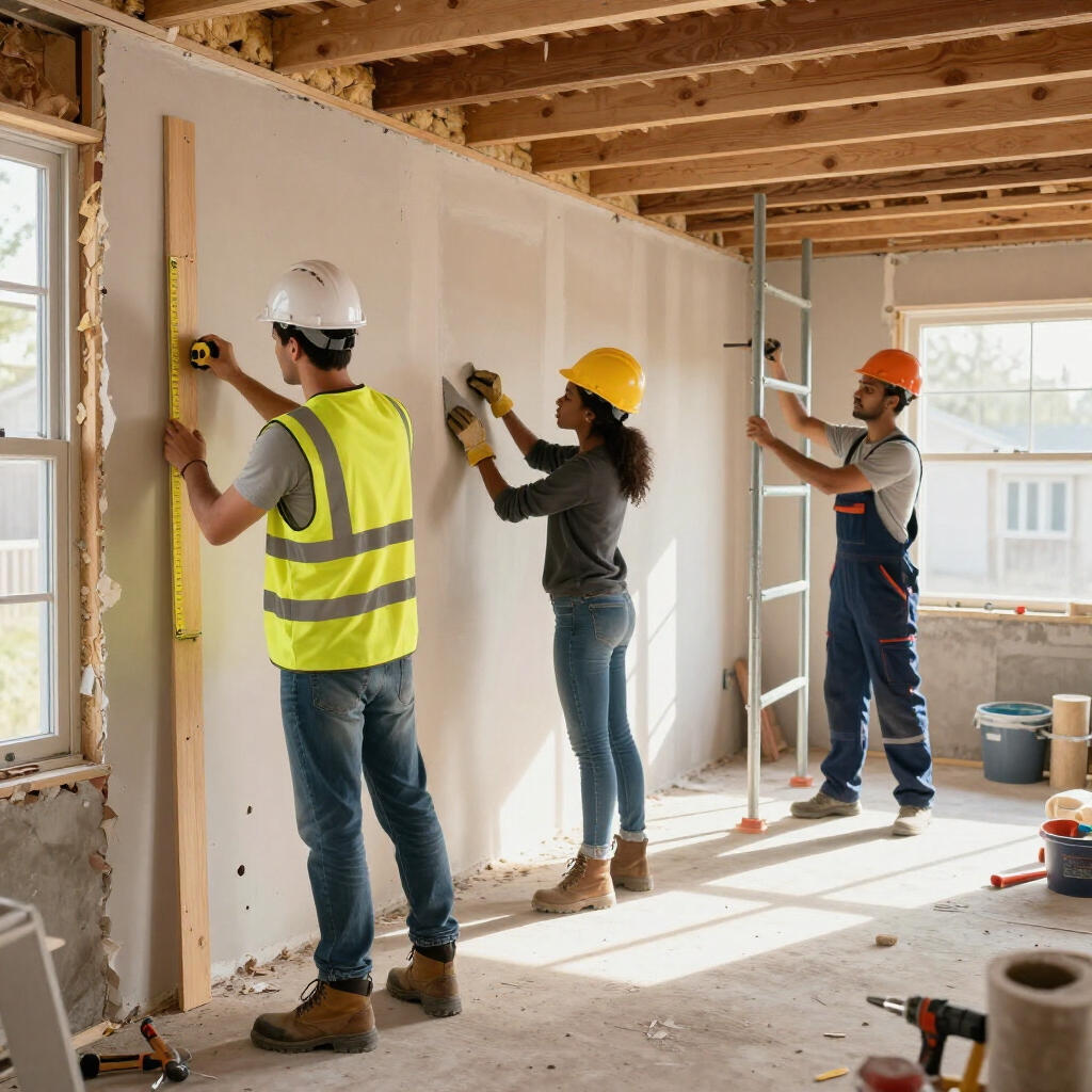 Construction workers installing drywall in a bright room with exposed ceiling beams.