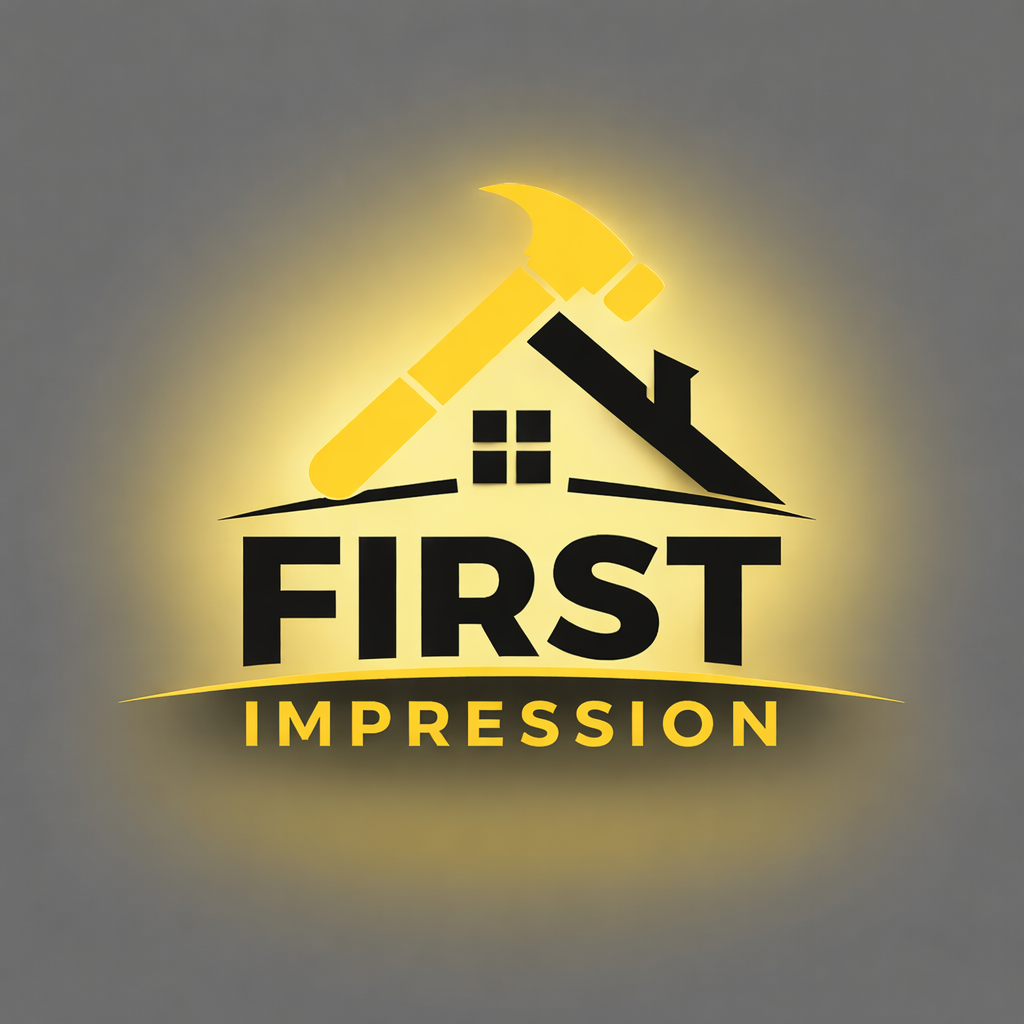 Yellow house and hammer logo with the words “FIRST IMPRESSION” on a gray background