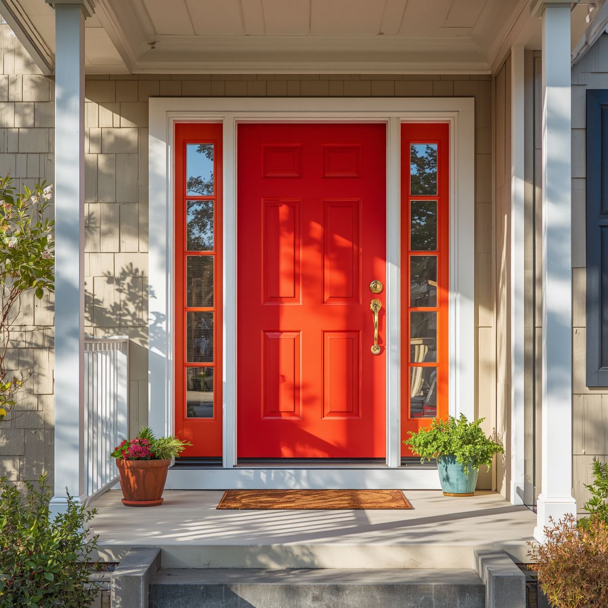 Bright red front door with sidelights on a beige house porch, flanked by potted plants