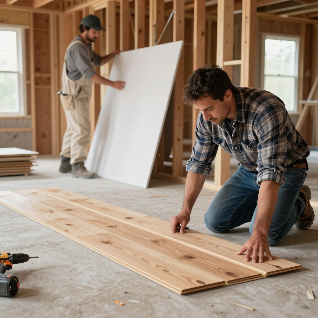 Two workers installing wood flooring in a framed house under construction