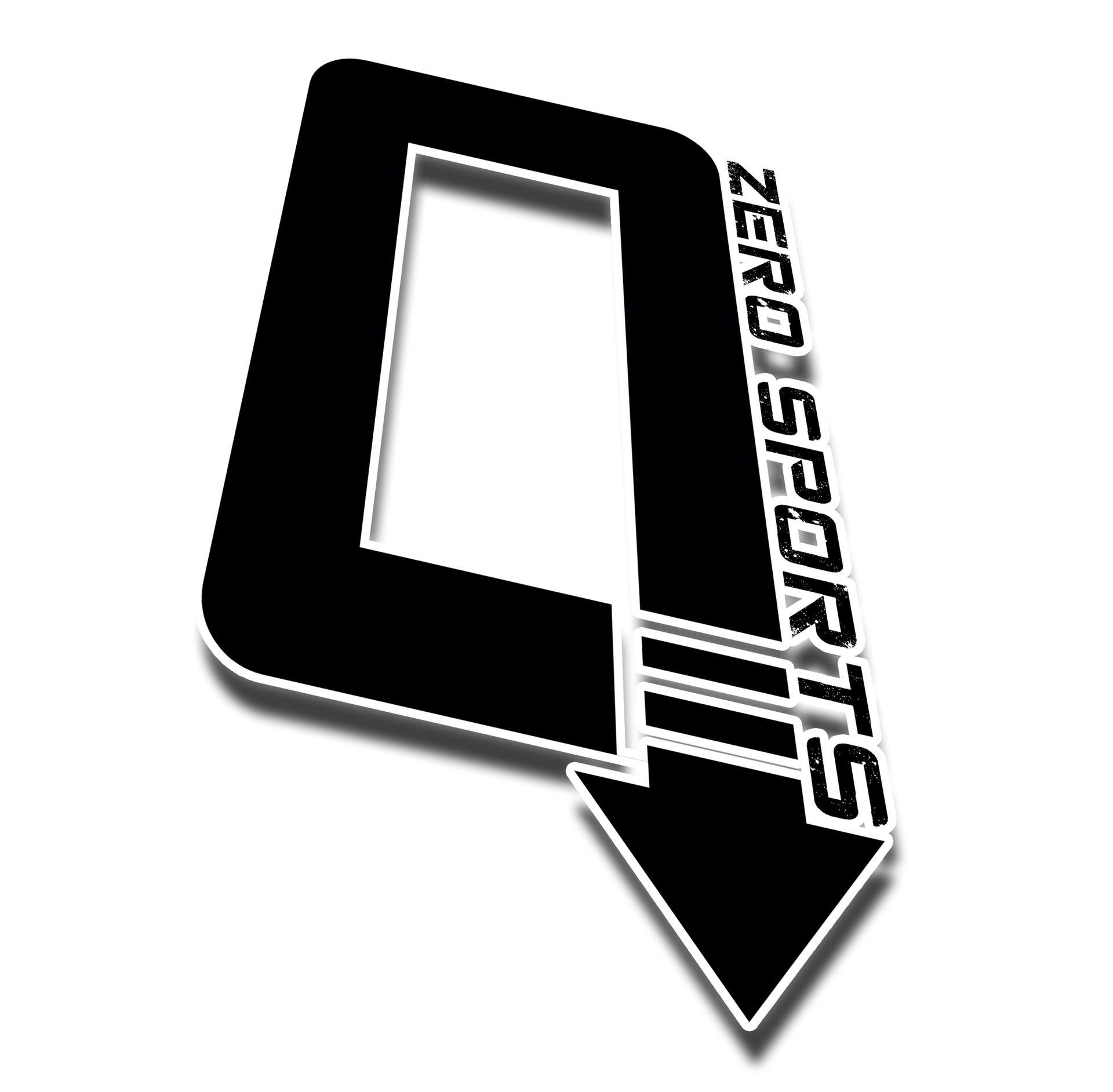 Black stylized arrow logo with vertical “ZERO SPORTS” text in white and gray shadow