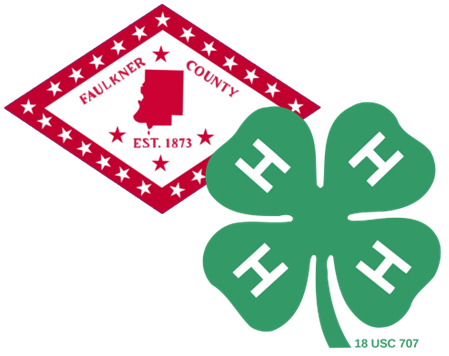 Faulkner County 4-H logo: red diamond seal with green four-leaf clover emblem