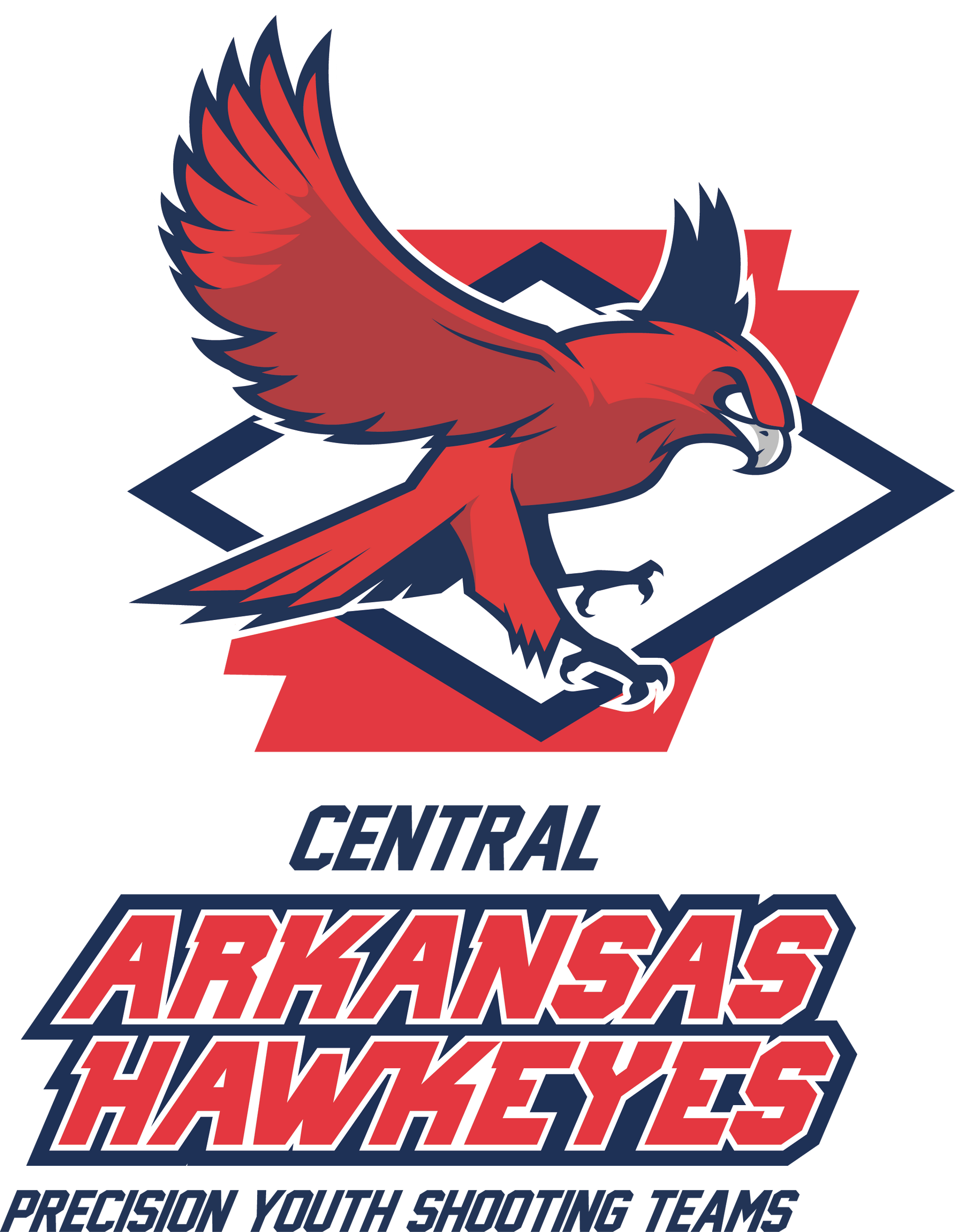 Central Arkansas Hawkeyes youth shooting team logo with two cartoon hawks holding rifles and red target icon