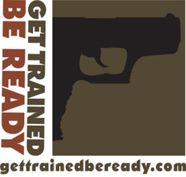 Silhouette of a handgun on brown background with “GET TRAINED BE READY” and gettrainedbeready.com text.