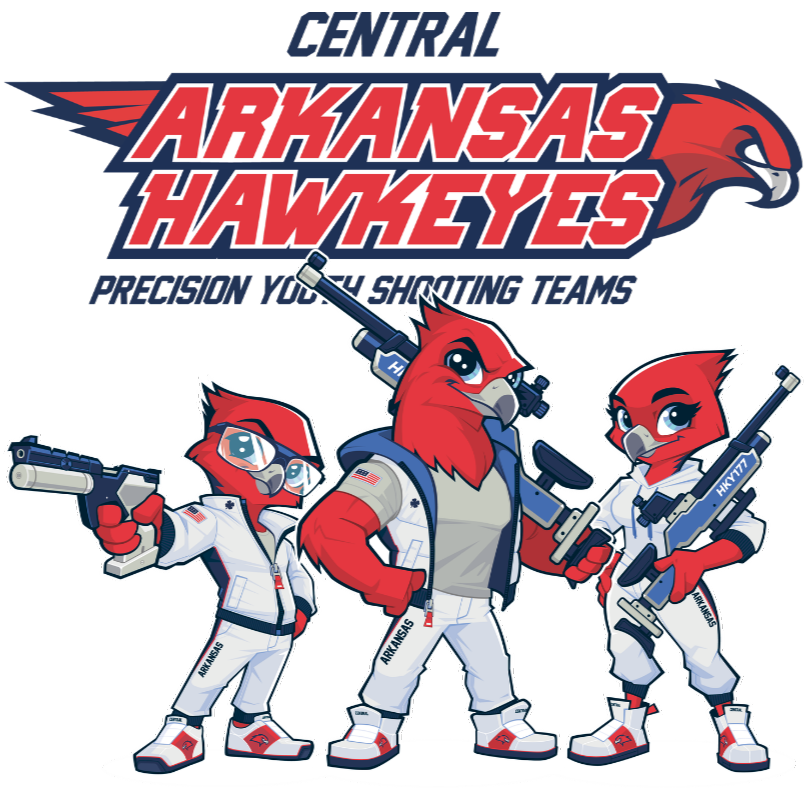 Central Arkansas Hawkeyes logo with two cartoon hawks in tan uniforms and a red pointing hand icon