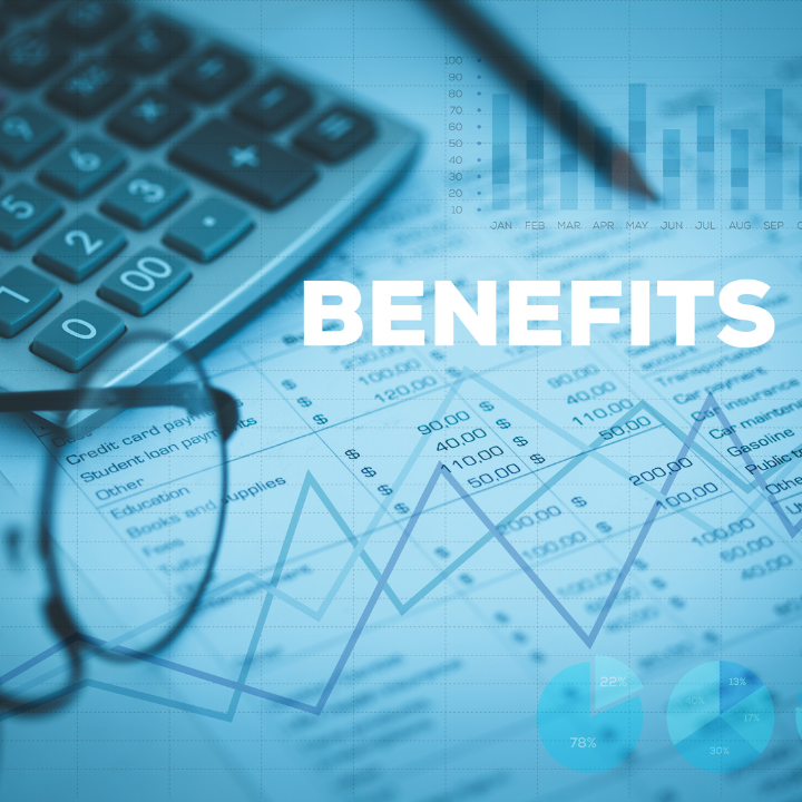 A calculator and a pair of glasses on top of a paper that says benefits