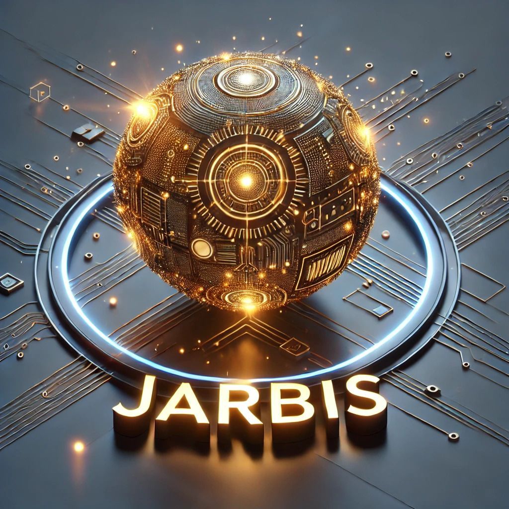 A futuristic sphere is surrounded by a circuit board and the word jarbis