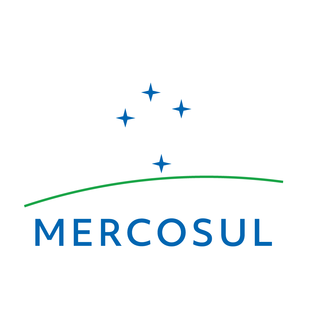 A logo for mercosul with a green line and blue stars