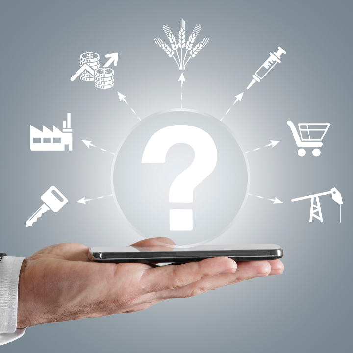 A hand holding a cell phone with a question mark in the middle