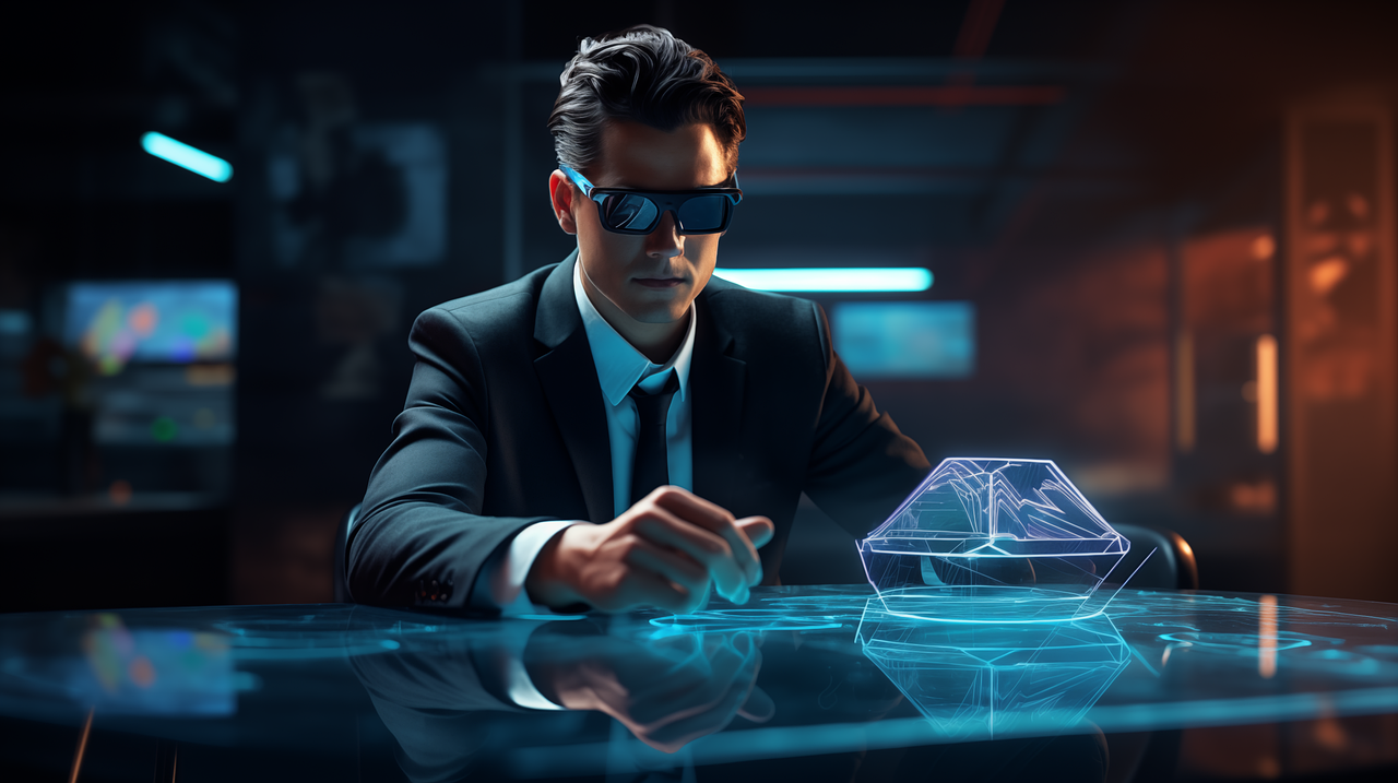 A man in a suit and tie is sitting at a table looking at a hologram.