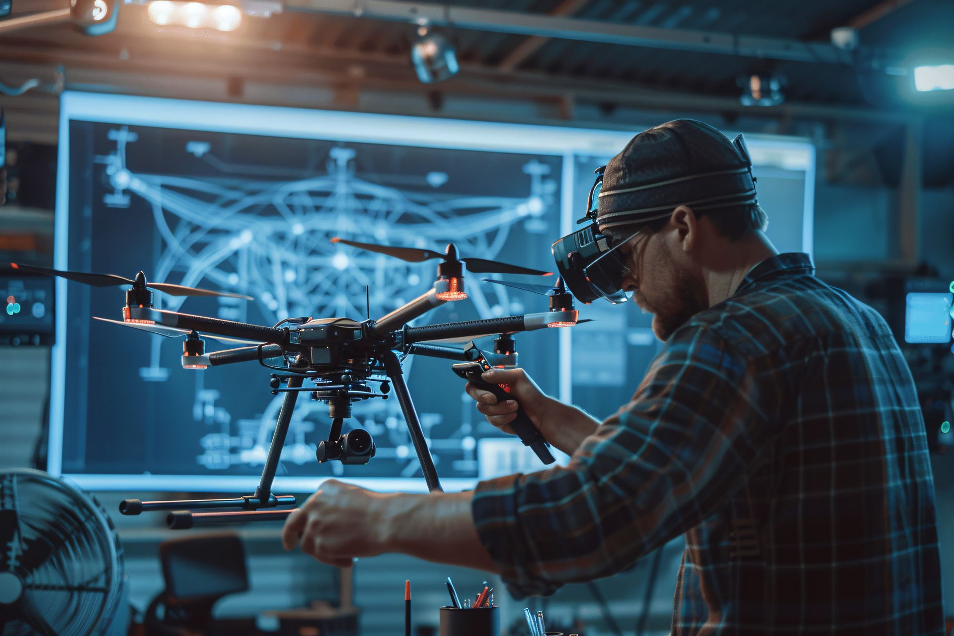 A man wearing a virtual reality headset is working on a drone.