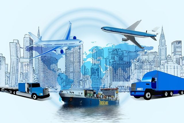 A drawing of a city with trucks , planes , and a ship.