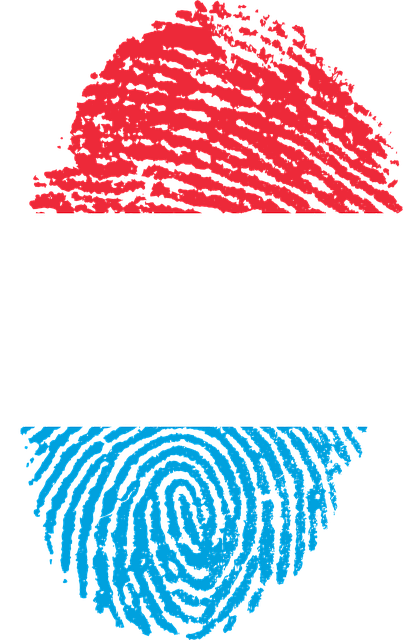 A red white and blue fingerprint with a swirl in the middle