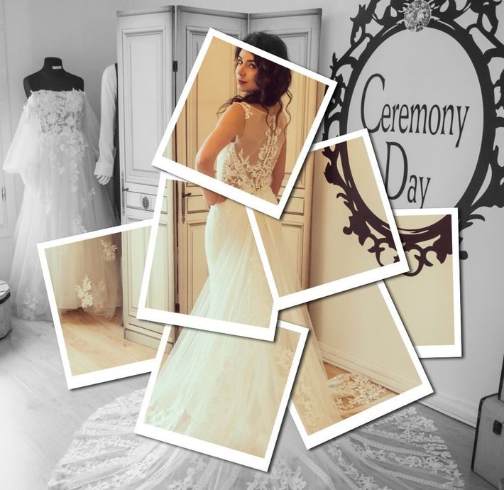 Un collage de photos d'une femme en robe de mariée avec un panneau indiquant le jour de la cérémonie