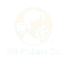 Logo: Person with comb and magnifying glass, “Nit-Pickers Co.” text.