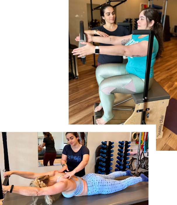 A woman is doing exercises on a pilates machine in a gym.