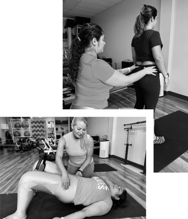 A black and white photo of a woman doing exercises in a gym.