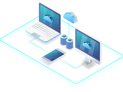 An isometric illustration of a laptop , computer , phone , and cloud.