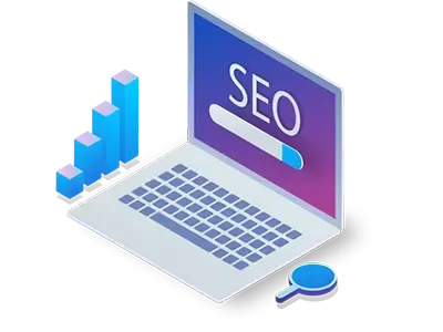 An isometric illustration of a laptop computer with the word seo on the screen.
