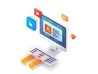 An isometric illustration of a person typing on a computer keyboard.