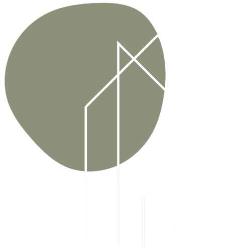 Abstract olive-green circle with thin white geometric lines forming a minimalist monogram-like design