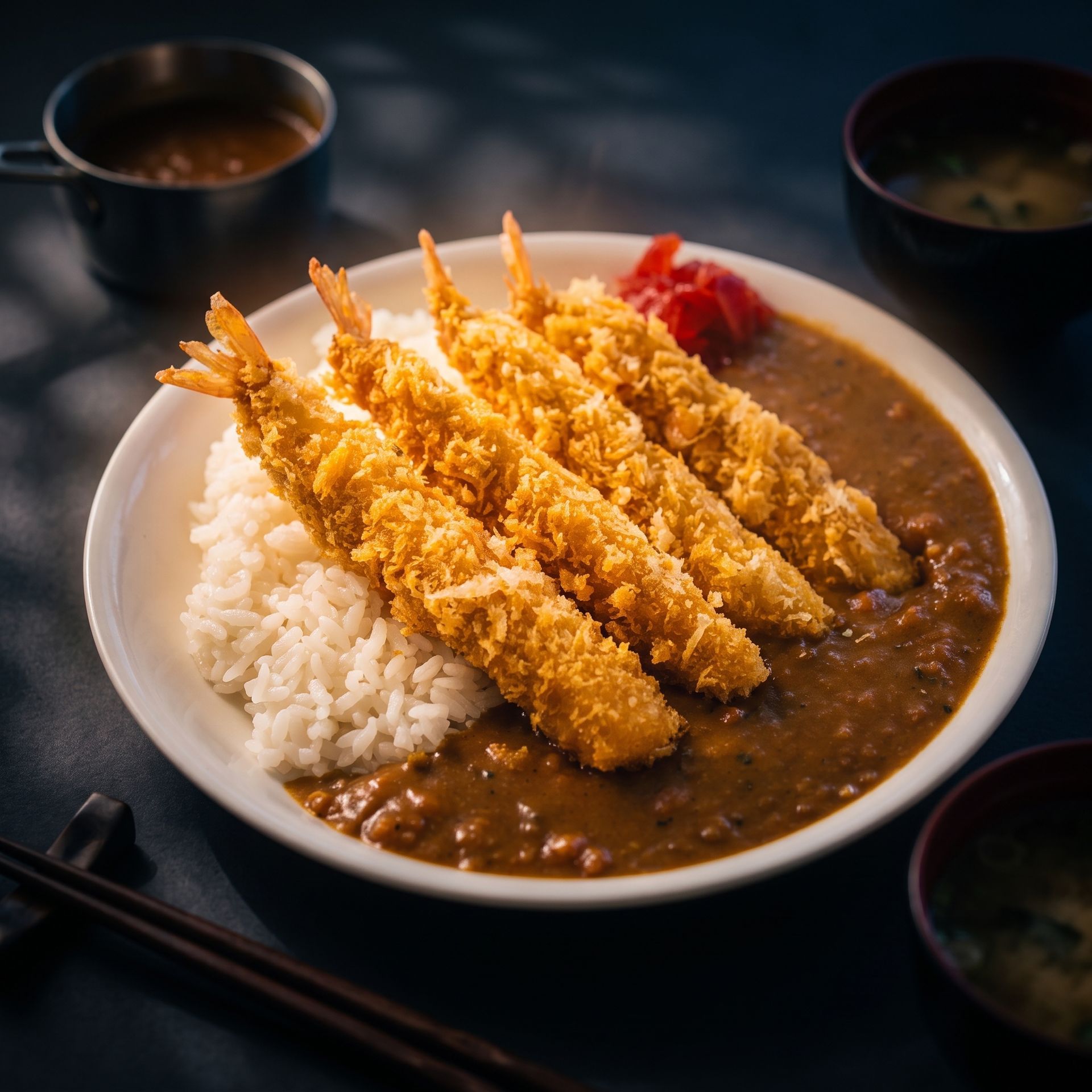 Crispy breaded shrimp over rice with brown curry sauce on a dark table, with chopsticks and small bowls.