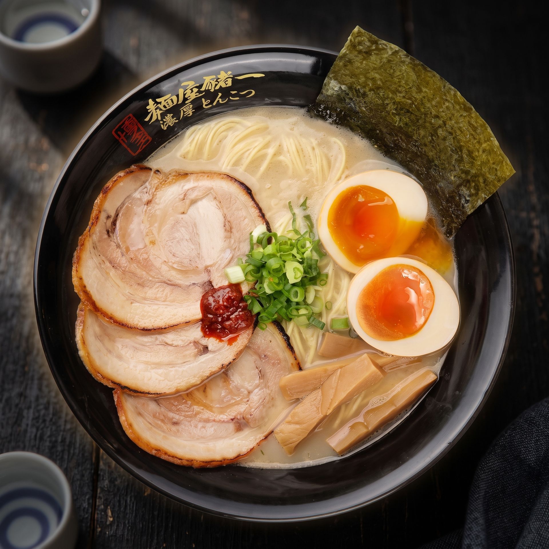 Ramen bowl with sliced pork, soft-boiled eggs, seaweed, bamboo shoots, and scallions