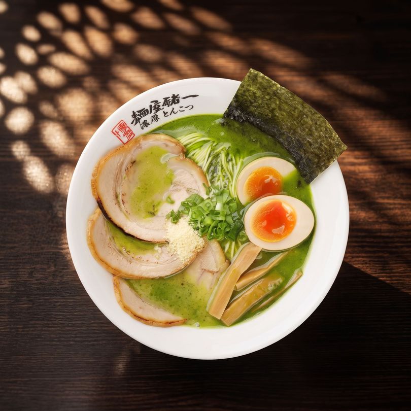 Ramen bowl with chashu, soft-boiled egg, nori, and bamboo shoots on a wooden table, lit by dappled sunlight