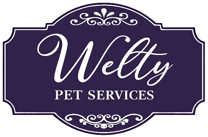 Logo for Welty Pet Services, featuring white script on a dark purple background.