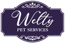 Logo for Welty Pet Services, featuring white script on a dark purple background.