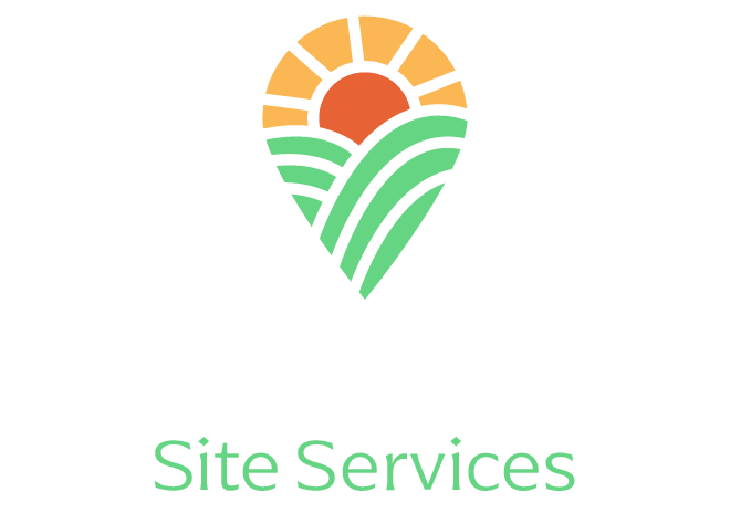 Logo: green location marker with a stylized sun over green fields; 