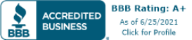 BBB accredited business logo with an A+ rating as of 6/25/2021.