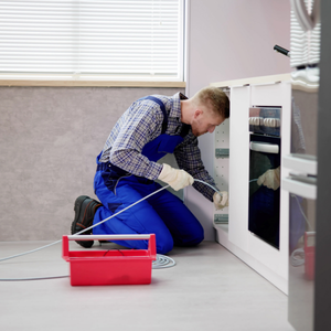 Technician in blue overalls repairing an appliance with tools on the floor in a home interior