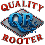 Quality QR Rooter logo with blue QR on a gray diamond and red curved text on top and bottom