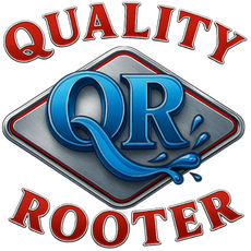 Quality QR Rooter logo with blue QR on a silver diamond and red text above and below