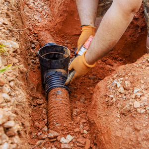 Worker installing a black drainage pipe in a red dirt trench with gloved hands