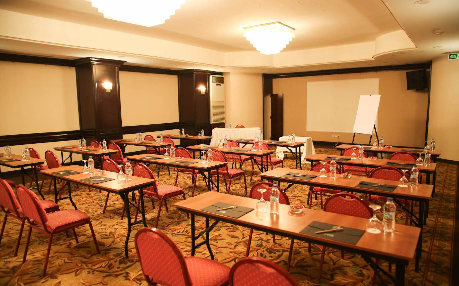 Masa ve sandalyelerin ve bir projektör ekranının bulunduğu bir konferans odası. | Aldino Hotel