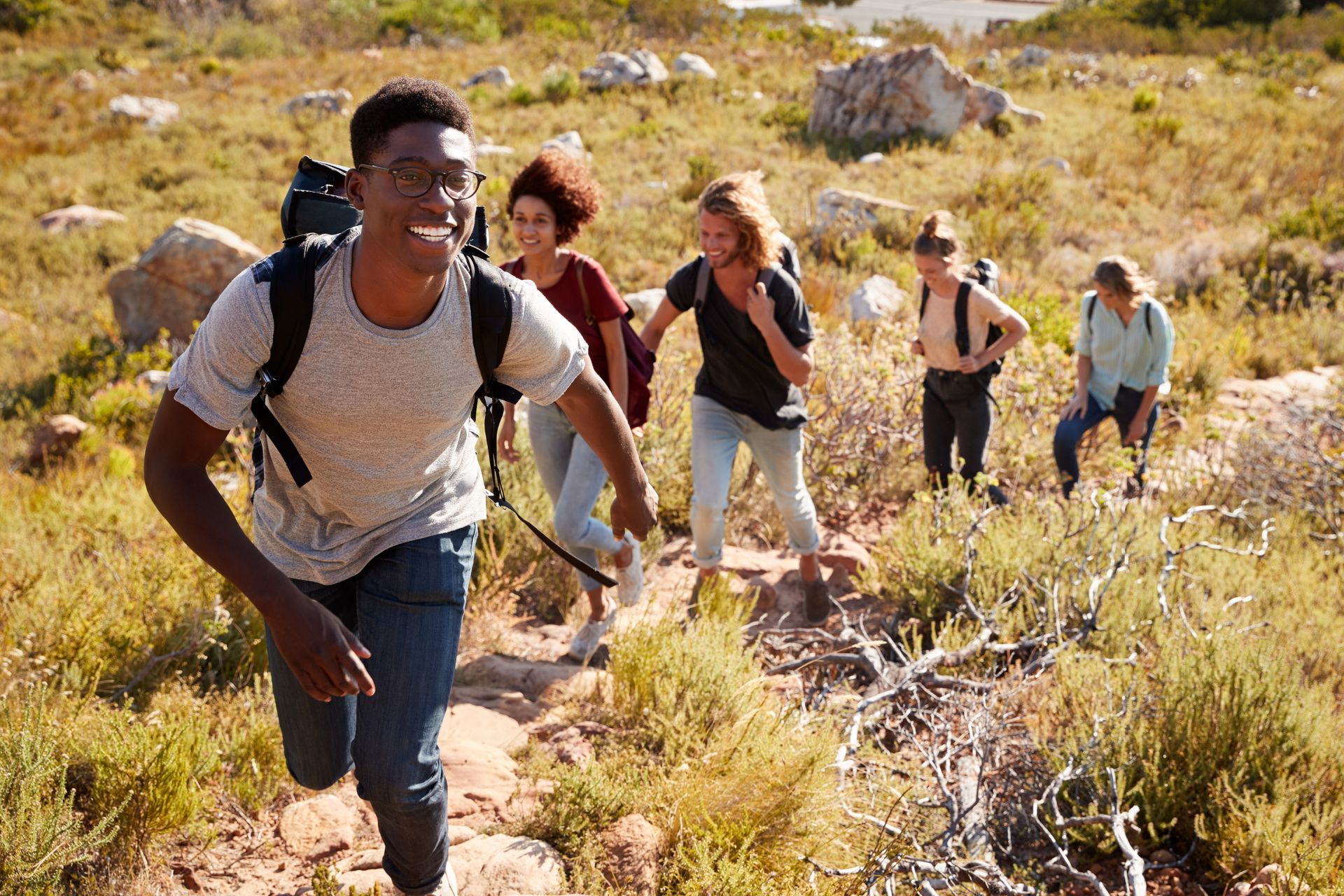 A group of people are hiking up a hill.