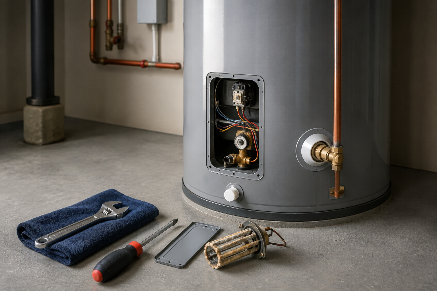 Water heater with open access panel and tools laid out on the floor for repair