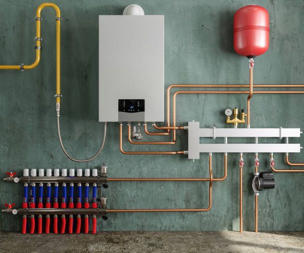 Wall-mounted boiler and plumbing system with copper pipes, valves, and a red expansion tank on a gray wall