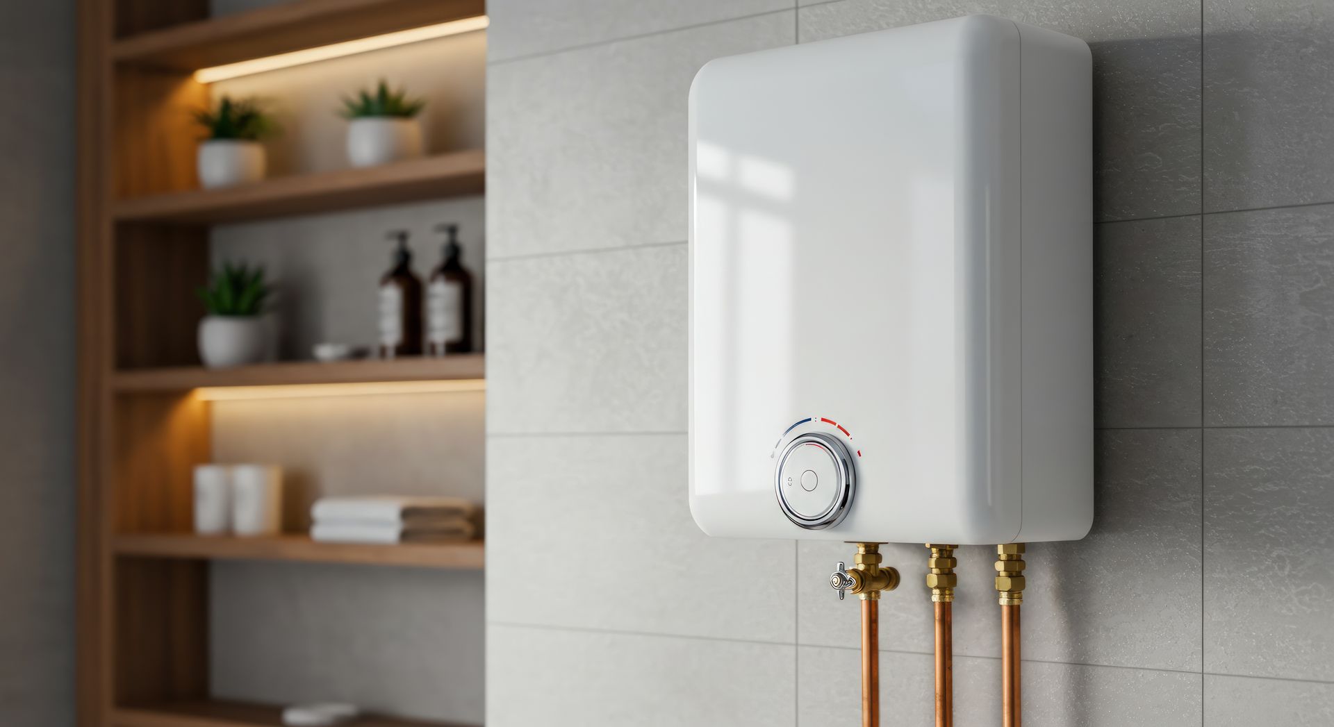 White wall-mounted water heater with brass pipes in a tiled bathroom or utility room, beside wooden shelves.