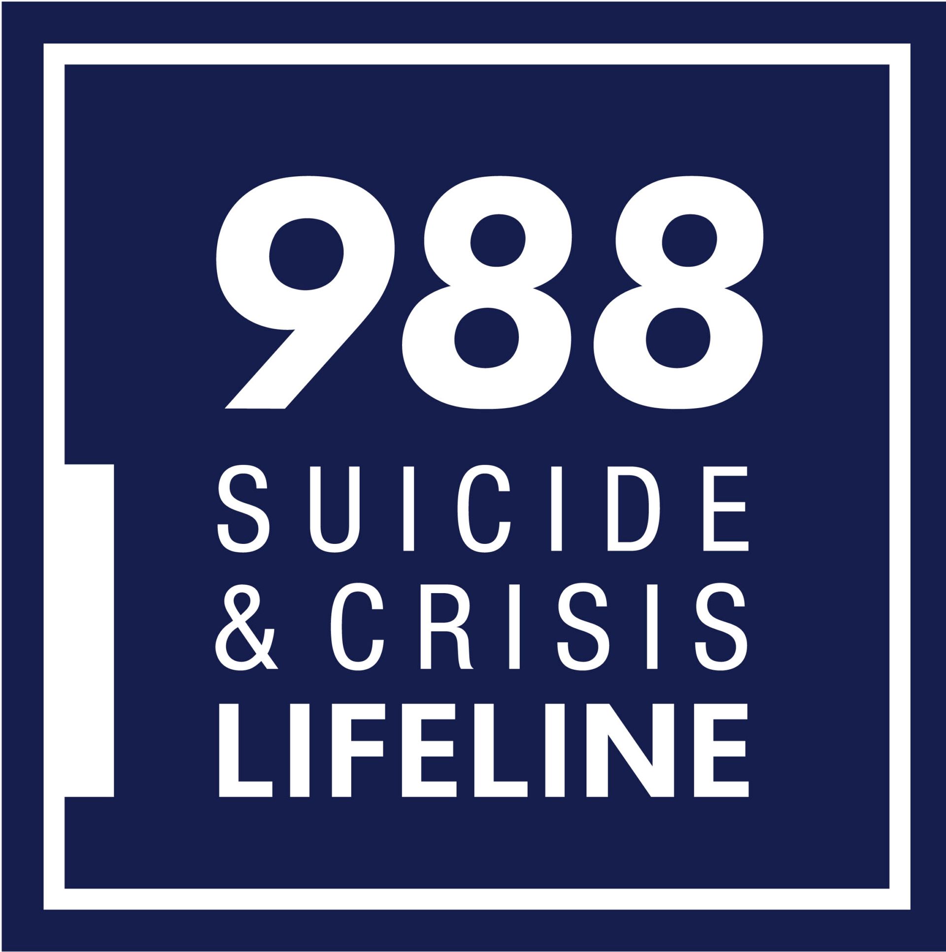 Logo for the 988 Suicide & Crisis Lifeline. White text on a dark blue square background. The number 988 is prominently displayed.