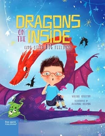 Book cover: A boy with glasses sits on a purple dragon. A red dragon head is above the boy. Text reads