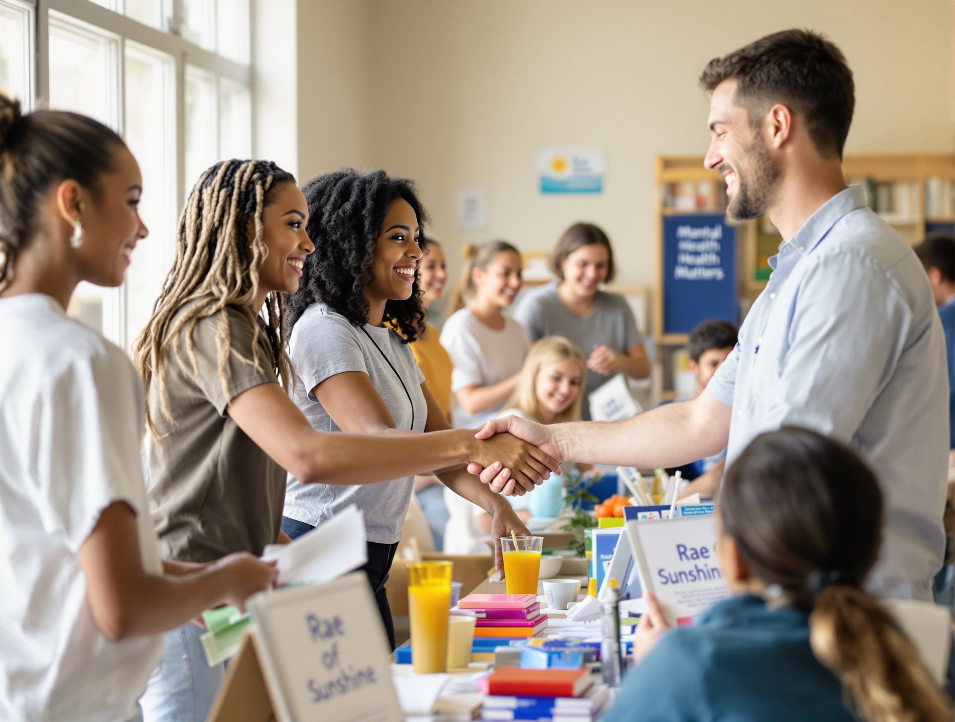 People shaking hands over a table with books and drinks at a fundraising event; smiling faces.
