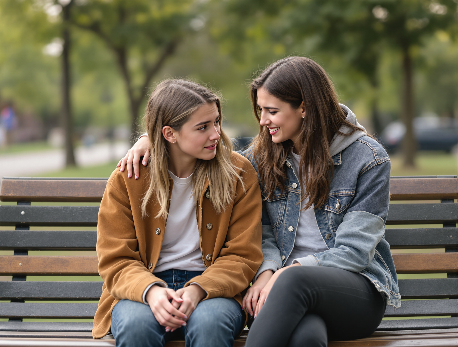 Two young women sit on a park bench, one with her arm around the other, showing a look of concern and support.