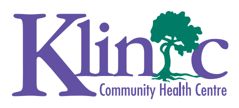 Klinic Community Health Centre logo: Purple text with a green tree in the center, and the words