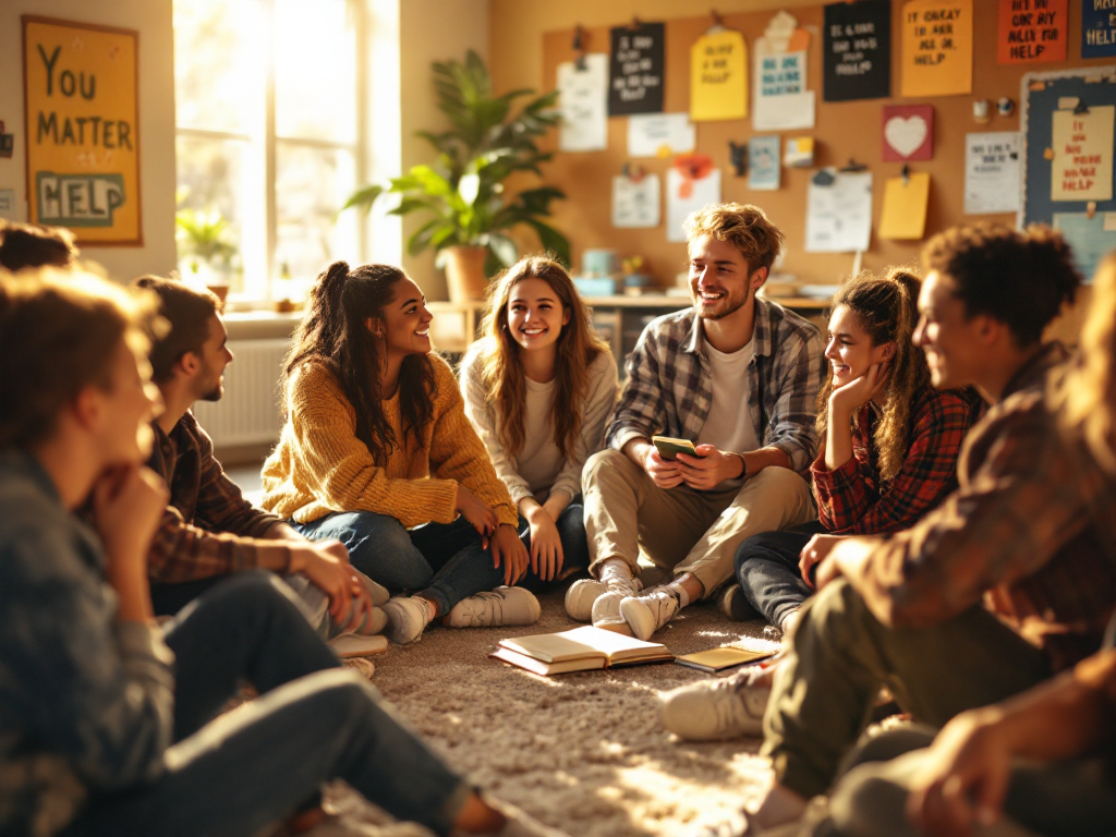 A group of diverse young adults sits in a circle, smiling and talking in a warmly lit room.