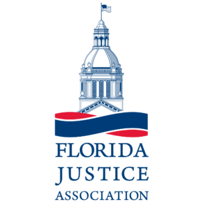 a logo for the florida justice association with a building in the background