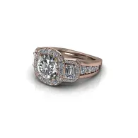Rose gold diamond engagement ring with oval center stone and halo setting